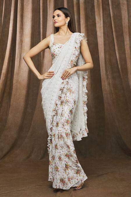 Buy_Arpan Vohra_White Georgette Floral Motifs Square Neck Print Pre-draped Saree And Blouse_Online_at_Aza_Fashions