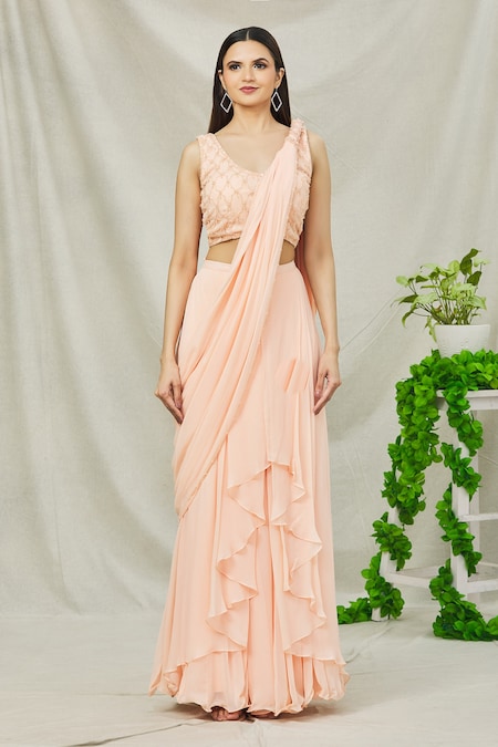 Tropical Peach Juna Organza Printed And Embellished Ruffle Saree And B –  Studio East6