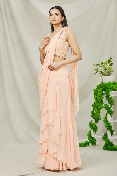 Buy Arpan Vohra Peach Tulle, Georgette Pearls Scoop Neck Pre-draped Ruffle Saree With Blouse Online at Aza Fashions Buy_Arpan Vohra_Peach Tulle, Georgette Pearls Scoop Neck Pre-draped Ruffle Saree With Blouse _Online_at_Aza_Fashions