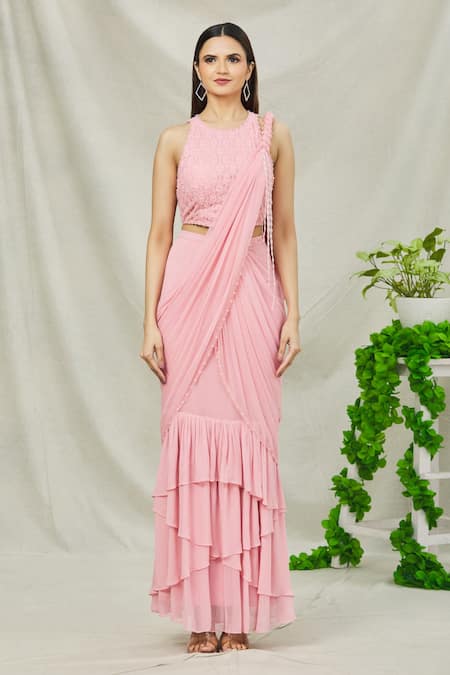 Arpan Vohra_Pink Georgette Glass Beads Round Pre-draped Ruffle Saree With Blouse_Online_at_Aza_Fashions
