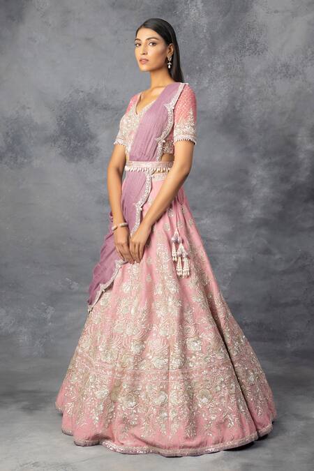 Buy_Adi By Aditya Khandelwl_Pink Crepe, Georgette Badla, Sequin, Floral Embroidered Bridal Lehenga Set _Online_at_Aza_Fashions