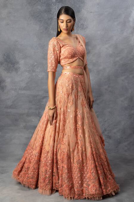 Adi By Aditya Khandelwl_Peach Crepe, Georgette Sequin, Thread, Floral Embroidered Bridal Lehenga Set_Online_at_Aza_Fashions