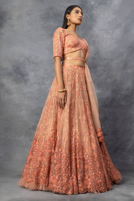 Buy_Adi By Aditya Khandelwl_Peach Crepe, Georgette Sequin, Thread, Floral Embroidered Bridal Lehenga Set_Online_at_Aza_Fashions
