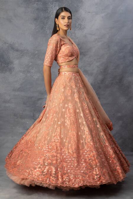 Shop_Adi By Aditya Khandelwl_Peach Crepe, Georgette Sequin, Thread, Floral Embroidered Bridal Lehenga Set_Online_at_Aza_Fashions