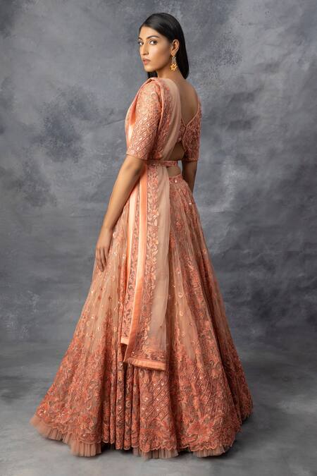 Adi By Aditya Khandelwl_Peach Crepe, Georgette Sequin, Thread, Floral Embroidered Bridal Lehenga Set_at_Aza_Fashions