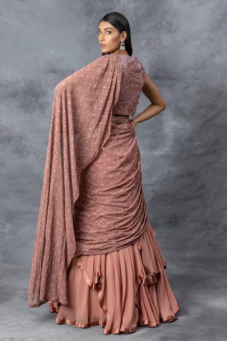 Shop_Adi By Aditya Khandelwl_Peach Georgette Sequin, Crystal Beads, Satin Layered Lehenga Saree With Blouse _at_Aza_Fashions