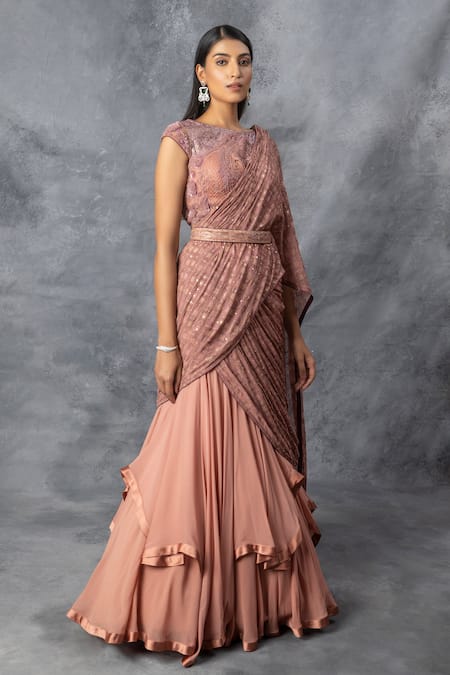 Adi By Aditya Khandelwl_Peach Georgette Sequin, Crystal Beads, Satin Layered Lehenga Saree With Blouse _Online_at_Aza_Fashions