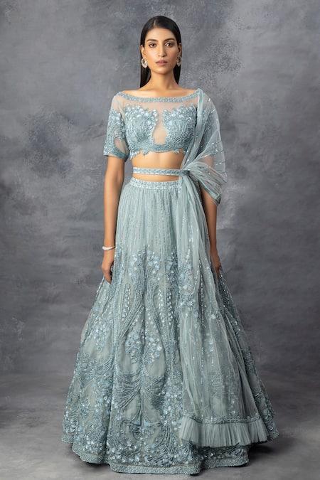Buy Grey Woven Brocade Boat Neck Lehenga With Embroidered Top For Women by  I am Design Online at Aza Fashions.