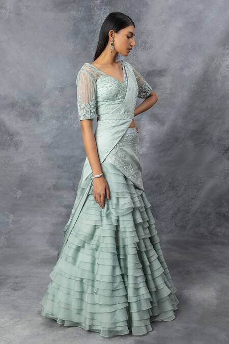 Adi By Aditya Khandelwl_Blue Organza Embroidered Satin V Neck Frill Lehenga Saree Set _Online_at_Aza_Fashions
