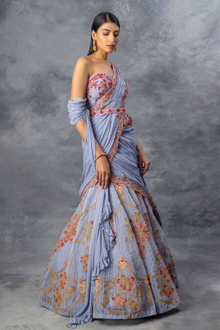 Adi By Aditya Khandelwl Blue Georgette Sequin, Beads, Satin Sweetheart Neck Pre-draped Lehenga Saree Set Online at Aza Fashions Adi By Aditya Khandelwl_Blue Georgette Sequin, Beads, Satin Sweetheart Neck Pre-draped Lehenga Saree Set _Online_at_Aza_Fashions