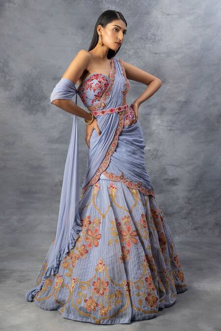 Buy Adi By Aditya Khandelwl Blue Georgette Sequin, Beads, Satin Sweetheart Neck Pre-draped Lehenga Saree Set Online at Aza Fashions Buy_Adi By Aditya Khandelwl_Blue Georgette Sequin, Beads, Satin Sweetheart Neck Pre-draped Lehenga Saree Set _Online_at_Aza_Fashions