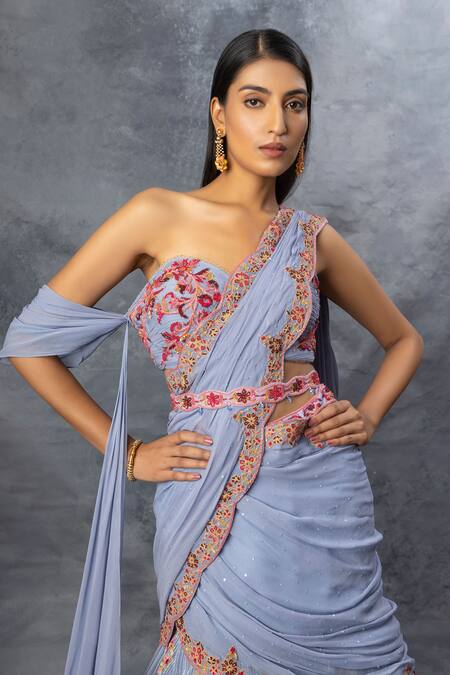 Shop Adi By Aditya Khandelwl Blue Georgette Sequin, Beads, Satin Sweetheart Neck Pre-draped Lehenga Saree Set Online at Aza Fashions Shop_Adi By Aditya Khandelwl_Blue Georgette Sequin, Beads, Satin Sweetheart Neck Pre-draped Lehenga Saree Set _Online_at_Aza_Fashions