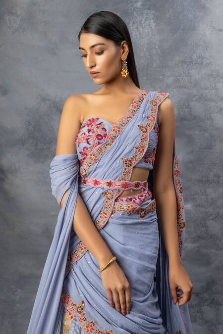 Adi By Aditya Khandelwl Blue Georgette Sequin, Beads, Satin Sweetheart Neck Pre-draped Lehenga Saree Set at Aza Fashions Adi By Aditya Khandelwl_Blue Georgette Sequin, Beads, Satin Sweetheart Neck Pre-draped Lehenga Saree Set _at_Aza_Fashions