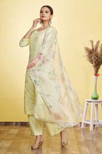 Aryavir Malhotra_Yellow Silk Blend Embroidered Floral Round Kurta Set_Online_at_Aza_Fashions