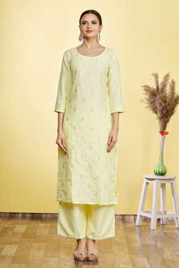 Buy_Aryavir Malhotra_Yellow Silk Blend Embroidered Floral Round Kurta Set_Online_at_Aza_Fashions