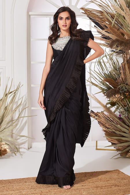 Stotram Black Dupion Silk Embellished Pearl Round Pre-draped Saree With Blouse 