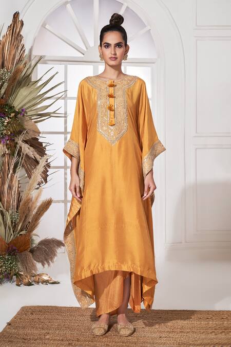Stotram_Yellow Dupion Silk Embroidered Pearl Round Sequin Kaftan And Skirt Set_Online_at_Aza_Fashions