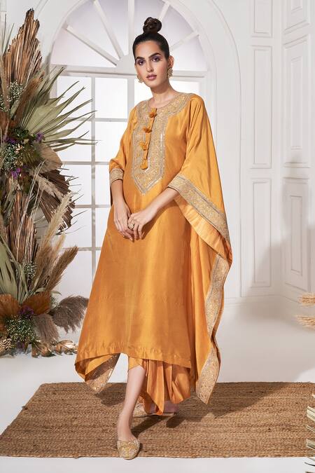 Buy_Stotram_Yellow Dupion Silk Embroidered Pearl Round Sequin Kaftan And Skirt Set_Online_at_Aza_Fashions