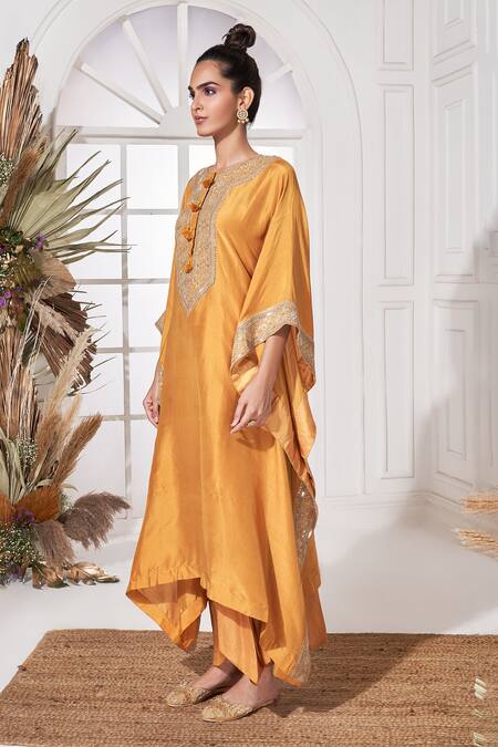 Shop_Stotram_Yellow Dupion Silk Embroidered Pearl Round Sequin Kaftan And Skirt Set_Online_at_Aza_Fashions