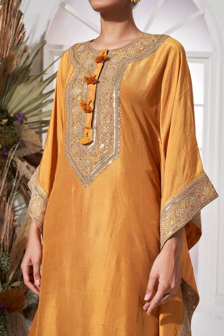 Stotram_Yellow Dupion Silk Embroidered Pearl Round Sequin Kaftan And Skirt Set_at_Aza_Fashions