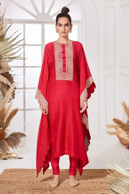 Stotram_Red Dupion Silk Embroidered Cutdana Round Sequin Kaftan And Pant Set_Online_at_Aza_Fashions