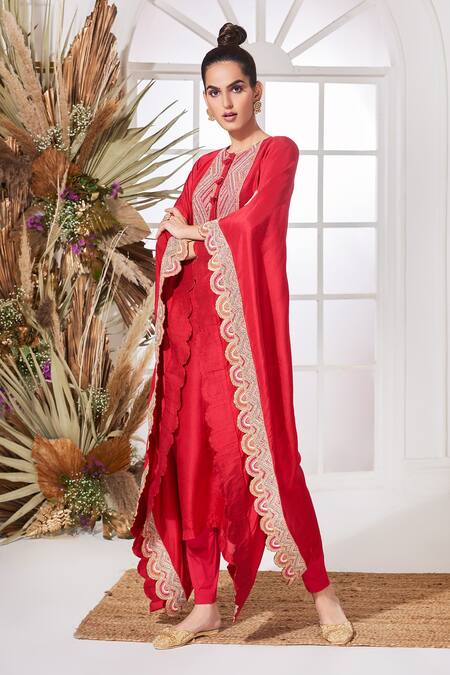 Buy_Stotram_Red Dupion Silk Embroidered Cutdana Round Sequin Kaftan And Pant Set_Online_at_Aza_Fashions