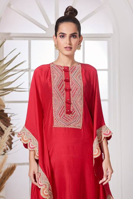 Shop_Stotram_Red Dupion Silk Embroidered Cutdana Round Sequin Kaftan And Pant Set_Online_at_Aza_Fashions