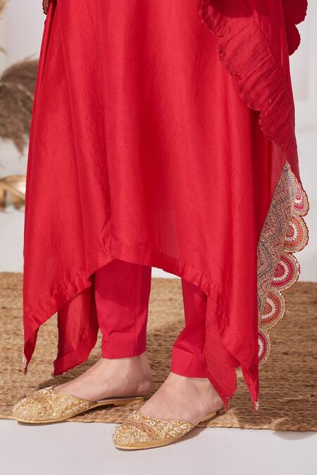 Stotram_Red Dupion Silk Embroidered Cutdana Round Sequin Kaftan And Pant Set_at_Aza_Fashions