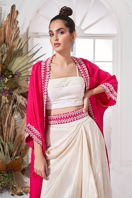 White Pearl Embellished Sari Set With Cape