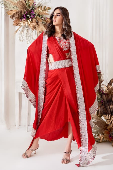 Stotram Red Silk Embroidered Dori Round Draped Skirt Set 