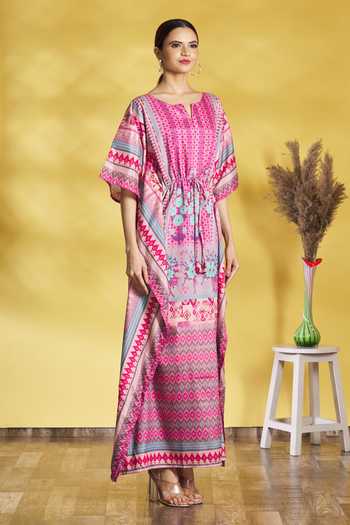Aryavir Malhotra_Multi Color Soft Silk Printed Floral Motifs Notched Kaftan_Online_at_Aza_Fashions