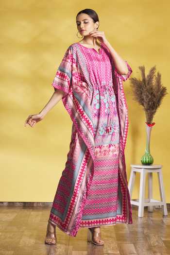 Buy_Aryavir Malhotra_Multi Color Soft Silk Printed Floral Motifs Notched Kaftan_Online_at_Aza_Fashions