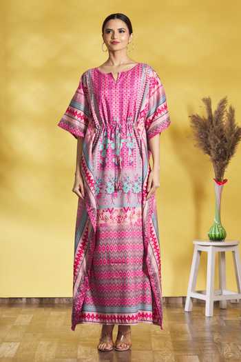 Shop_Aryavir Malhotra_Multi Color Soft Silk Printed Floral Motifs Notched Kaftan_Online_at_Aza_Fashions