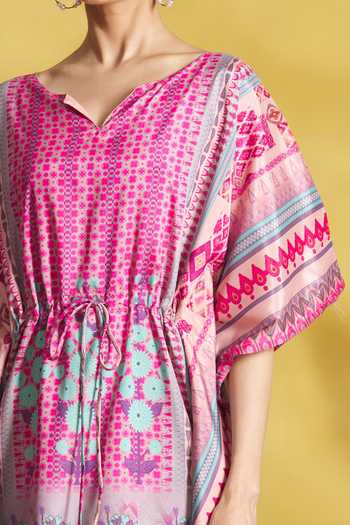 Aryavir Malhotra_Multi Color Soft Silk Printed Floral Motifs Notched Kaftan_at_Aza_Fashions