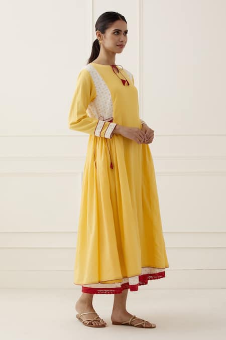 The Indian Cause_Yellow Cotton Floral Notched Saba Layered Dress_Online_at_Aza_Fashions