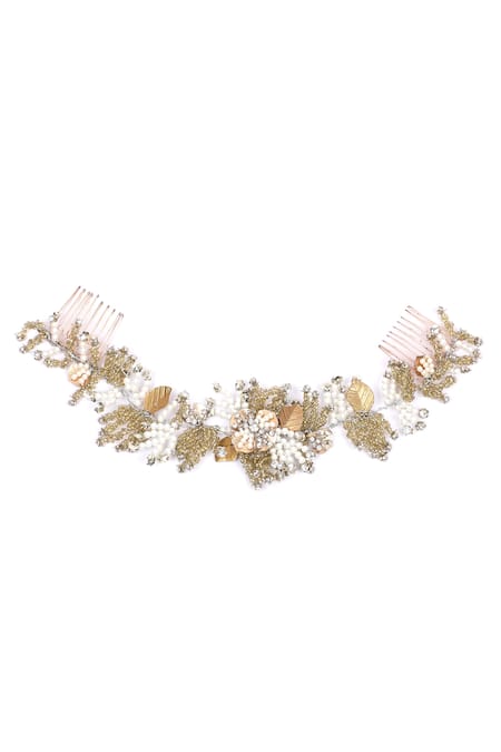 Shop Born Flash Gold Crystals, Pearls, Sequins Antonina Hair Comb at Aza Fashions Shop_Born Flash_Gold Crystals, Pearls, Sequins Antonina Hair Comb _at_Aza_Fashions