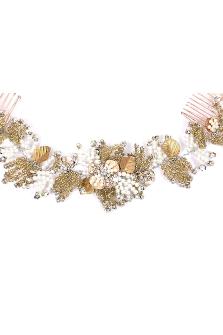 Born Flash Gold Crystals, Pearls, Sequins Antonina Hair Comb Online at Aza Fashions Born Flash_Gold Crystals, Pearls, Sequins Antonina Hair Comb _Online_at_Aza_Fashions