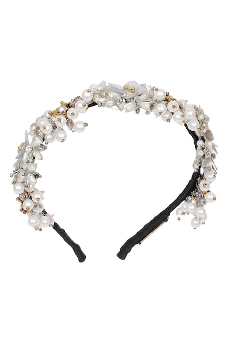 Shop Born Flash Silver Pearls, Beads, Sequins Akshara Hairband at Aza Fashions Shop_Born Flash_Silver Pearls, Beads, Sequins Akshara Hairband _at_Aza_Fashions