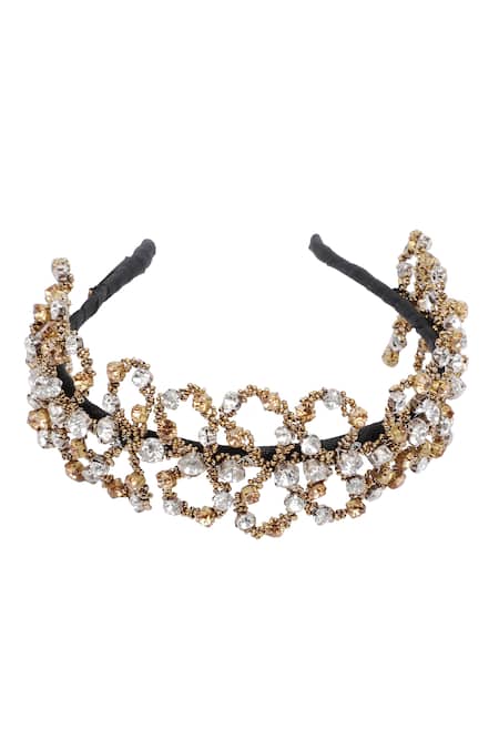 Shop Born Flash Gold Crystals, Beads Alessia Hairband at Aza Fashions Shop_Born Flash_Gold Crystals, Beads Alessia Hairband _at_Aza_Fashions