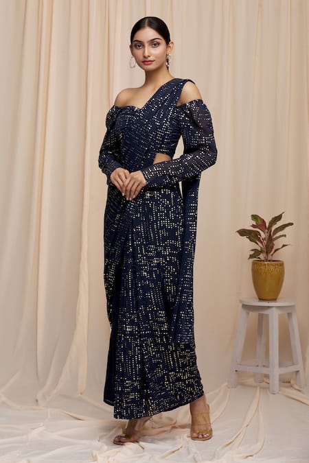 Charcoal Black Pleated Saree In Shimmer Lycra With Off Shoulder Blouse In  Black Sequins in Hyderabad at best price by Aartees Selection - Justdial