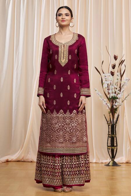 Nazaakat By Samara Singh_Maroon Dolla Jacquard Embroidered Kurta Palazzo Set_Online_at_Aza_Fashions