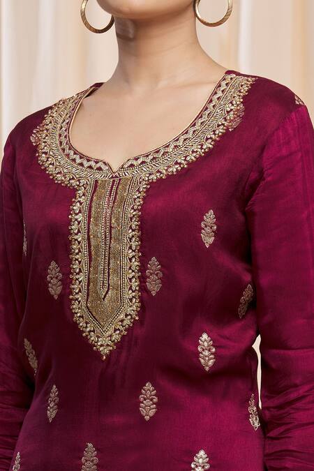 Shop_Nazaakat By Samara Singh_Maroon Dolla Jacquard Embroidered Kurta Palazzo Set_Online_at_Aza_Fashions
