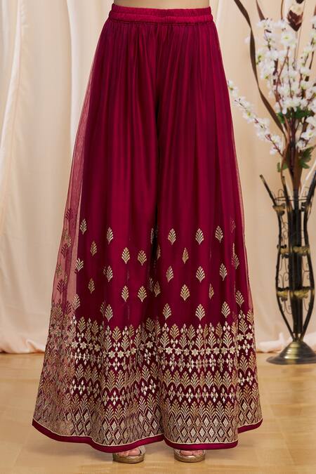 Nazaakat By Samara Singh_Maroon Dolla Jacquard Embroidered Kurta Palazzo Set_at_Aza_Fashions