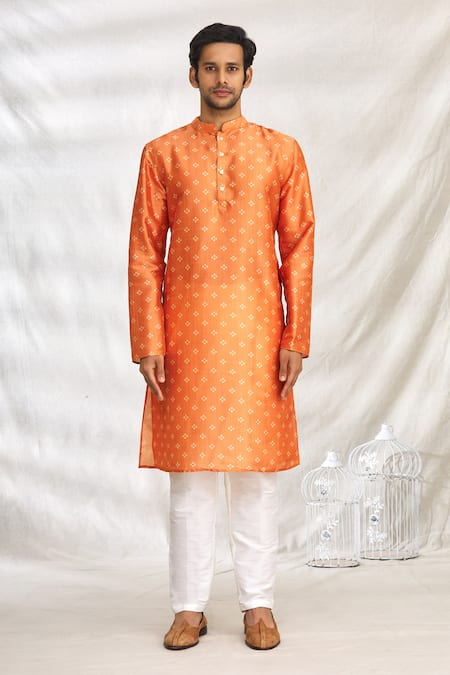 Arihant Rai Sinha_Orange Silk, Cotton Embroidery Bandhani Print Kurta Set _Online_at_Aza_Fashions