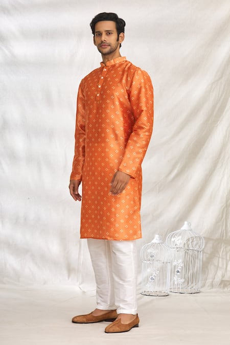 Buy_Arihant Rai Sinha_Orange Silk, Cotton Embroidery Bandhani Print Kurta Set _Online_at_Aza_Fashions