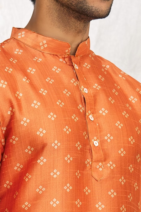 Shop_Arihant Rai Sinha_Orange Silk, Cotton Embroidery Bandhani Print Kurta Set _Online_at_Aza_Fashions