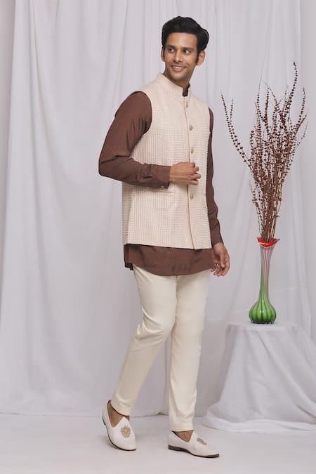 Ekam By Manish White Silk Blend Embroidered Geometric Bundi And Shirt Set 