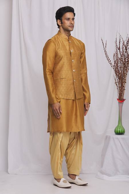 Ekam By Manish_Gold Semi Silk Moonga Geometric Print Nehru Jacket_Online_at_Aza_Fashions