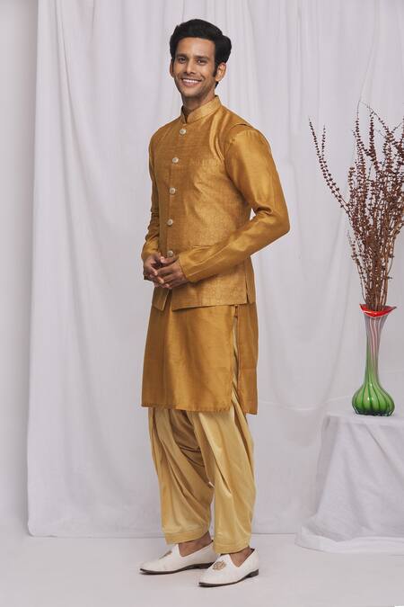 Buy_Ekam By Manish_Gold Semi Silk Moonga Geometric Print Nehru Jacket_Online_at_Aza_Fashions