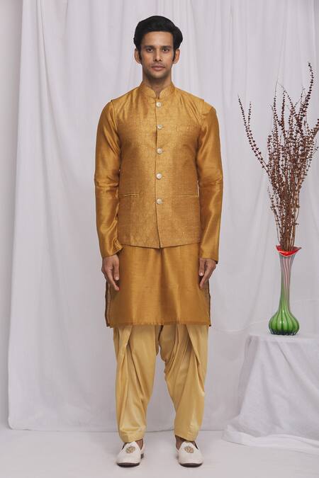 Shop_Ekam By Manish_Gold Semi Silk Moonga Geometric Print Nehru Jacket_Online_at_Aza_Fashions
